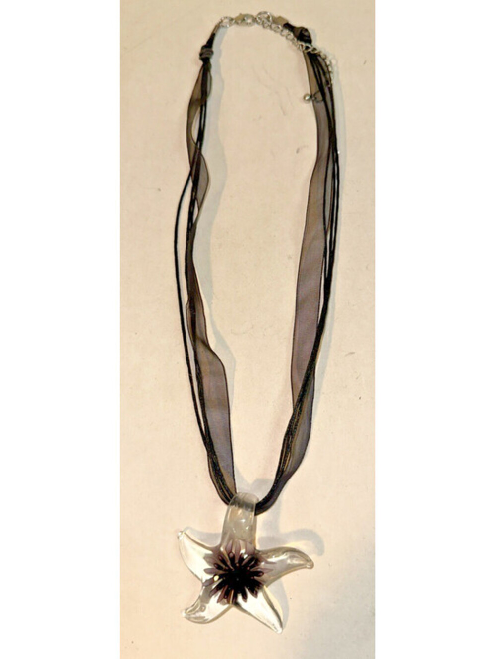 Sea Glass Starfish Pendant Black Lace & Rope chain Adj clasp Aprox 10" EUC